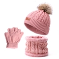 Rosa Strickset für Kinder mit Mütze Bommel Schal und Handschuhen für den Winter - Einzelbommel / Dunkelrosa