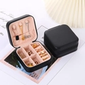 Portable square black PU jewelry box with pink velvet interior and zipper closure - Zipper Style / Glossy Black