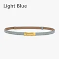 Adjustable light blue genuine leather skinny belt with golden rectangular buckle for women - Light Blue