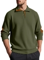 Men's dark olive green ribbed knit Henley sweater with brown leather elbow patches - S / Army Green