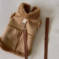 Plush camel faux suede dog harness vest with matching leash for small pets and cats - S / Brown
