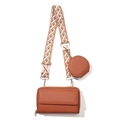 Caramel brown crossbody phone bag with geometric woven strap and round coin purse - Crossbody Bag Set / Brown Bag Set