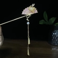 Traditionelle goldene Haarnadel mit rosa Emaillefächer, Perlen und Quasten - Rosa Fächer Künstliche Perle Quaste (9901)