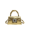 Sac à main doré avec gaufrage crocodile, boucle en cristal et poignée plissée pour femmes - Boucle Ronde en Strass / Doré