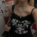 Y2K punk style double-layered silver necklace with white faux pearls and a cross pendant - Tassel Cross Necklace