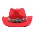 Detail of red western cowboy hat with vintage turquoise beaded band on white background - Red