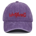 Detail of vintage washed purple cotton baseball cap with red gothic LOST MY HEAD embroidery - Purple