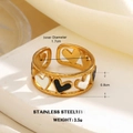 18K gold plated stainless steel open ring featuring black and white enamel hearts - Black White Double Heart Enamel (1338G-1)