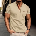 Men's khaki striped Henley shirt with contrast color collar and front pocket in street setting - S / Khaki