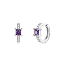 Detailed macro view of 925 sterling silver earrings with purple square zircon stones - Silver/Purple Zirconia