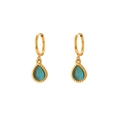 Irregular gold C-shape hoop earrings featuring turquoise stones and milgrain texture - Teardrop Cat's Eye Hoop Earrings - Blue