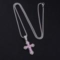 Collar hip hop cruz plateada con piedra rosa cuadrada y circonitas brillantes - Cadena de caja / 60CM / Circoncita Rosa