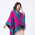 Women's rose red and blue paisley cashmere shawl with black tassels and fringe - Rose Red/Border Paisley