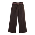 Pantaloni in denim marrone scuro a gamba larga con cintura in pelle bordeaux e fibbia d'oro - XS / Pants
