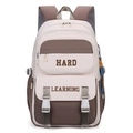 Minimalist cream and brown school backpack featuring HARD LEARNING printed text details - Coffee