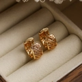 Pair of gold hollow geometric hoop earrings displayed in a beige velvet jewelry box - Gold Hollow Geometric Style (44265)