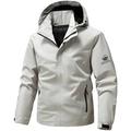 Men's light grey hooded outdoor jacket with windproof high collar and sleeve logo - M / Light Gray