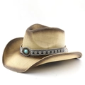 Détail d'un chapeau de cowboy en paille avec bande ethnique et pierre turquoise - M (56-58cm) / Beige Café Pulvérisation