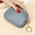 Minimalist grey genuine leather coin purse with lychee texture and gold keychain zipper - Blue