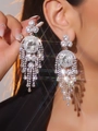 Luxurious silver tassel earrings featuring sparkling zircon crystals for evening wear - Large Stone Tassel (DTE1516287S-W) / Silver