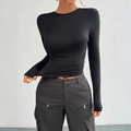 Slim fit black long sleeve Y2K top paired with cargo pants for a stylish fall look - S / Black