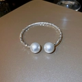 Silver geometric bead open bracelet featuring two elegant white pearls at the ends - Silver Crushed Silver Pearl Bracelet (9#)
