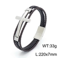 Men's double-layered brown woven leather bracelet with polished silver cross and magnetic clasp - Brown Leather Steel (KB150647-KFC)