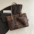 Leopard print tote bag set with matching inner pouch and brown faux leather handles - Leopard 2-Piece Set / Brown