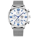 Business quartz watch with silver mesh strap, white textured dial and blue numerals - Silver Mesh Band Silver Dial [Mesh + Calendar/Luminous]