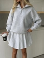 Women's vintage grey oversized knit set with half-zip sweatshirt and pleated mini skirt - S / Light Gray (Thin)