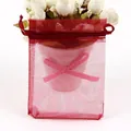 Red organza drawstring gift bag with fine mesh texture for jewelry packaging - Burgundy; 5x7cm