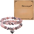 Ensemble de bracelets en perles de pierre naturelle rose et grise avec pendentif cœur - Ensemble de Pierre Zèbre Rose