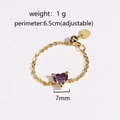 Detailansicht verstellbarer goldener Herzring mit lila Zirkon und Maßangaben - Lila Zirkon Herz - Gold