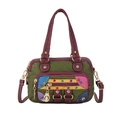 Army green washed leather handbag with purple straps and vintage gemstone details - Light Green