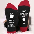 Black and red cotton socks with funny coffee and wine lettering on the bottom - One Size / Black Red