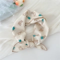 Beige cotton linen small scarf featuring brown and blue bear rabbit pattern prints - Puppet Bear Beige
