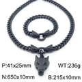 Conjunto de joyas de cabeza de lobo en acero de titanio negro con collar y pulsera - Collar 65cm + Pulsera 21.5cm / Juego Color Negro (KS193227-K)