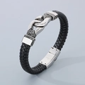 Men's punk black braided leather bracelet with retro totem stainless steel buckle - 23CM / Steel Color Totem Style (KB46722-D)