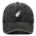Gorra de béisbol vintage negra lavada con bordado de fantasma con corona y visera ancha - Negro Lavado