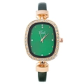 Fashionable green oval dial watch with rhinestones and green leather strap - Green