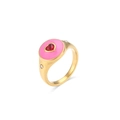 Bague dorée avec émail rose, pierre de cœur rouge et petits diamants latéraux - US 6