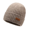 Winter thermal knit beanie hat in earthy brown ribbed fabric with leather patch - Khaki