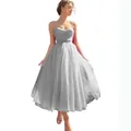 Elegant grey sleeveless tulle party dress with spaghetti straps and sweetheart neckline - US size 2 (S) / Top And Bottom / Silver Gray