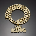 Luxury gold hip-hop Cuban chain necklace featuring an iced-out KING crown pendant with crystals - 50cm Cuban Chain / Gold
