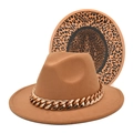 Macro detail of camel felt fedora with gold chain link and leopard print lining - M (56-58cm) / Camel