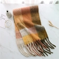 Flat lay of thick plaid mohair scarf with tassels on marble background with decor - Brown Orange Yellow Beige Green Plaid (WJ137-18)