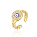 Macro shot of Cuban chain link ring featuring blue enamel devil eye and white zircons - Dark Blue Evil Eye Style (11923)