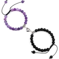 Bracelets de couple avec cœur magnétique en agate violette et perles noires mates - Pierre Mate + Agate Vieillie Violette