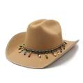 Detail of western cowboy hat featuring ethnic patterned band with multi-colored hanging beads - M (56-58cm) / Camel