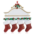 Family fireplace resin ornament with four red glitter Christmas stockings on a white base - Family of 4 - Machine Printed